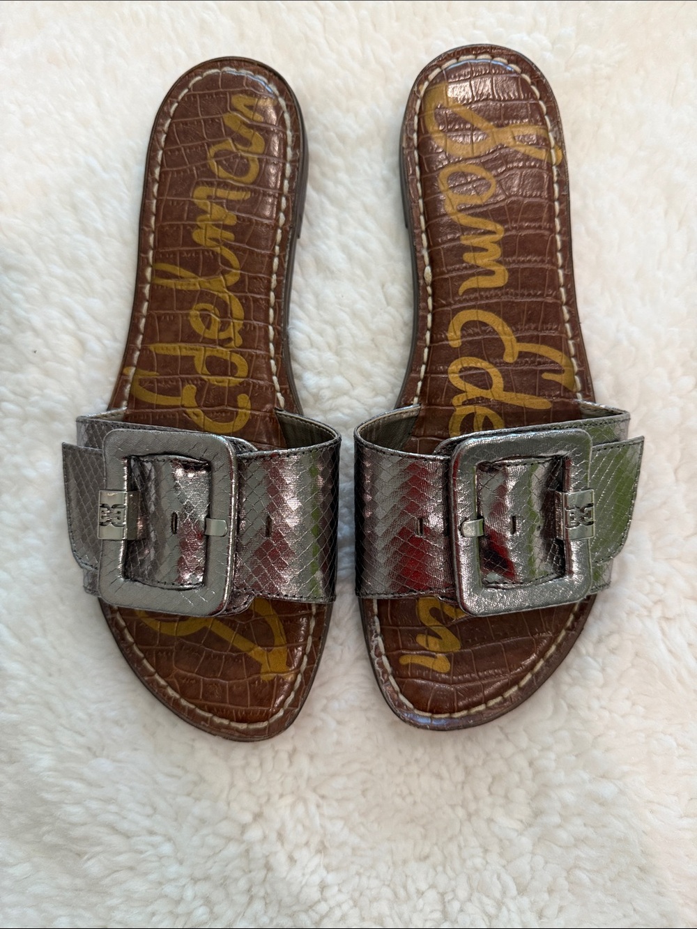 Sam Edelman Silver Metallic Buckle Slide Sandals Reposh